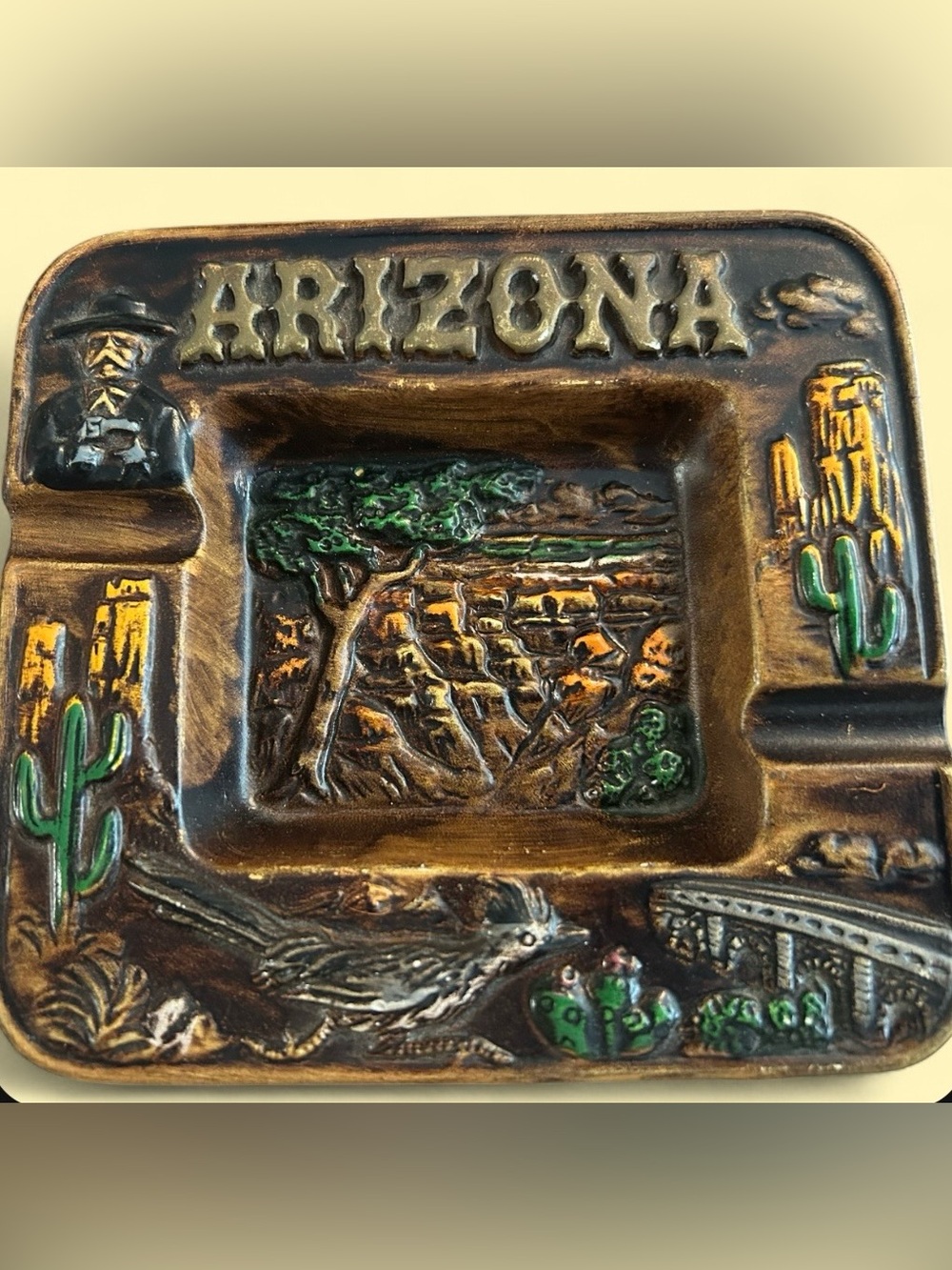 Vintage Arizona Souvenir Ashtray | Desert Scene Cactus Roadrunner Trinket Dish